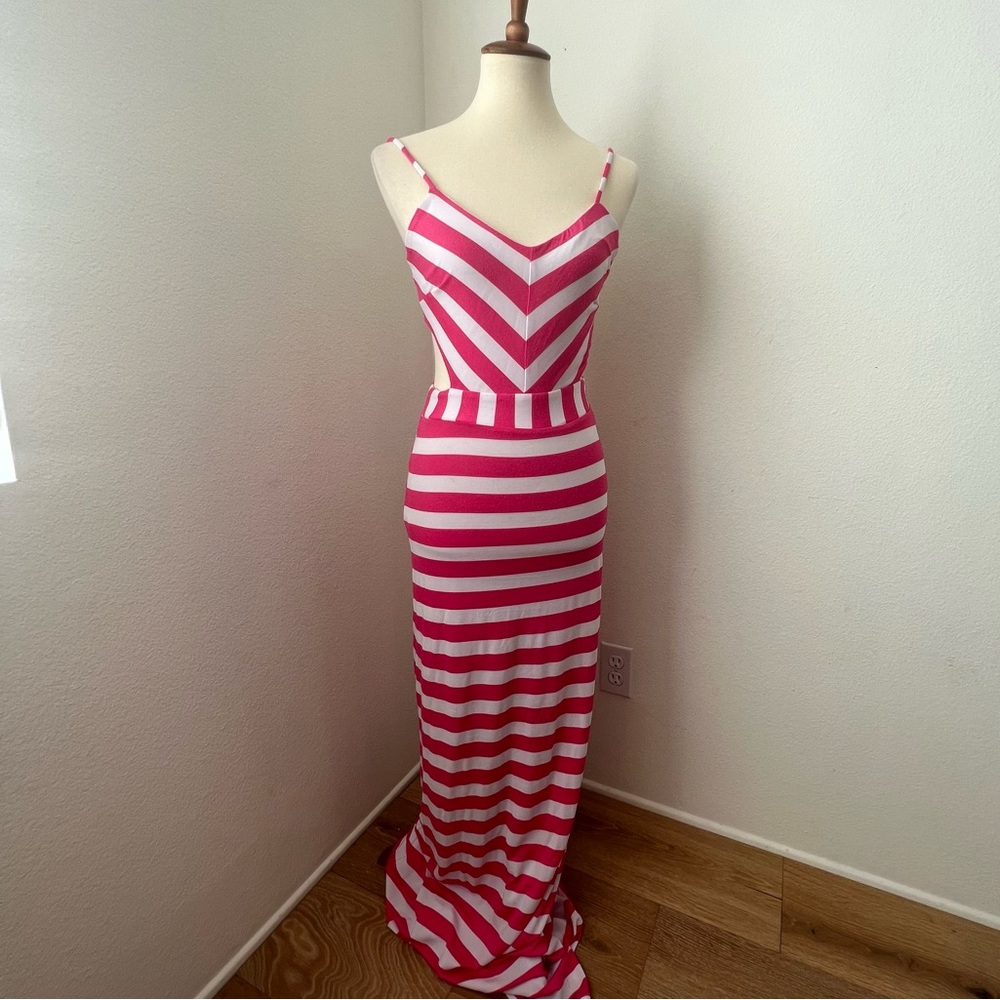 Bebe Pink Striped Back Cutout Fitted Maxi